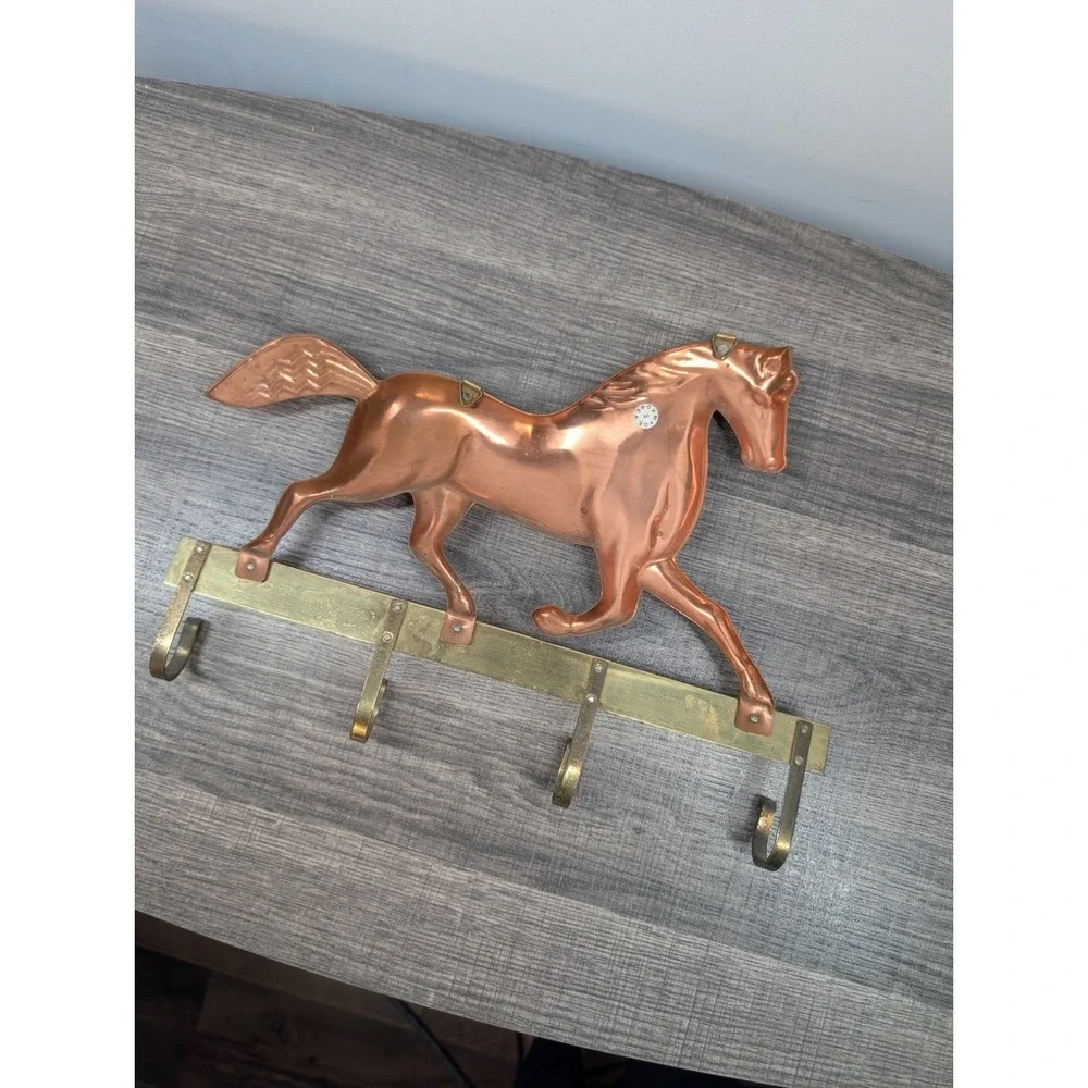 Vintage Copper Horse Key Holder Wall Mount Brass Hooks‎ Equestrian Decor